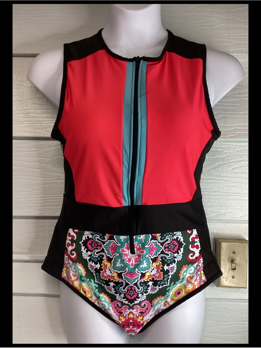 Women’s Sleeveless Red & Teal Zip-Front Athletic swimsuit.4